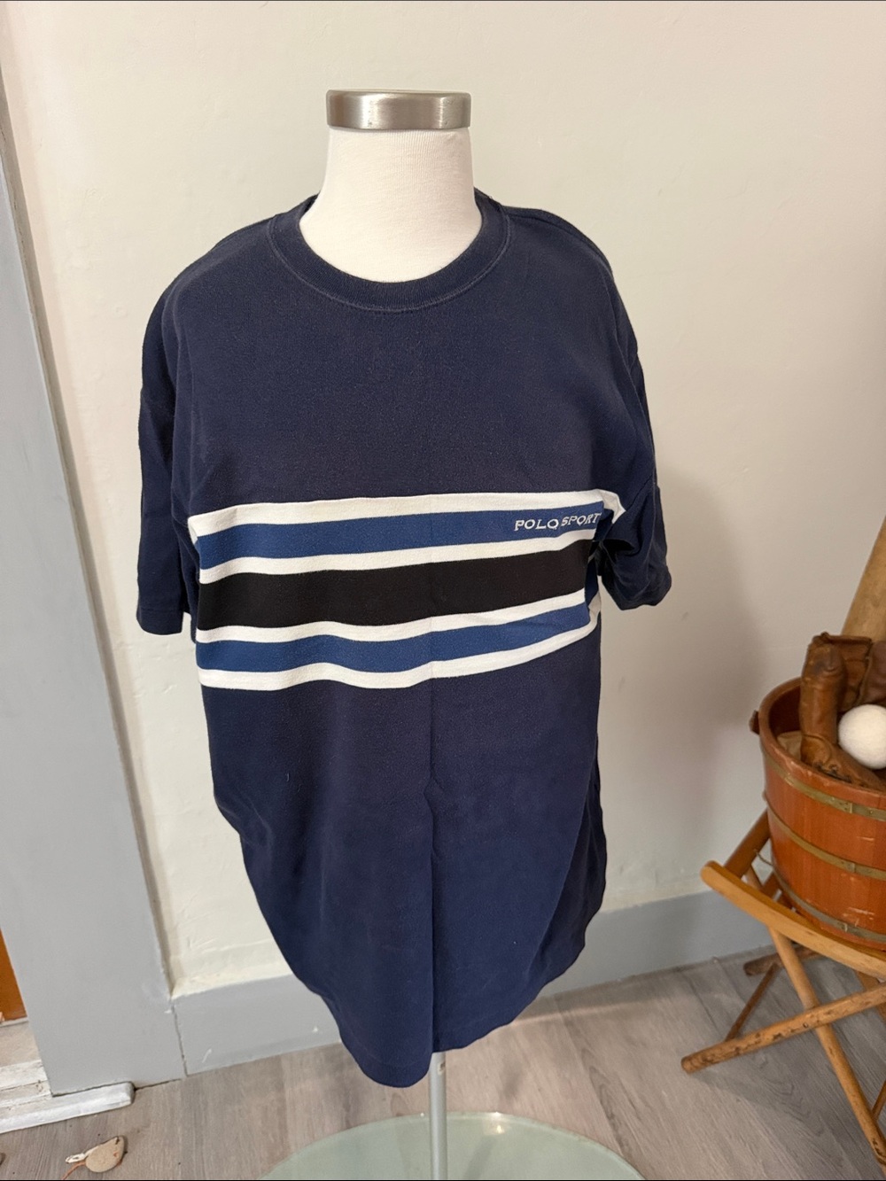 1990s Polo by Ralph Lauren Navy Long Sleeve Tee with White, Black & Blue Stripes